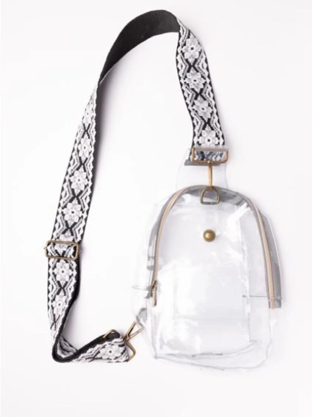 Clear Crossbody Sling Bag with Black & White Boho Strap